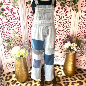 Upcycled patched vintage overalls, S overalls, ladies overalls, faded denim, patched overalls, patched denim, faded overalls, fab208nyc