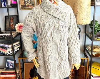 Hand Knit Cable Sweater Jacket: Grey Wool Cardigan