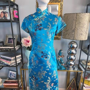 Vintage cheongsam dress ,turquoise cheongsam dress, dragon motif dress, classic satin Chinese dress, embroidered Chinese dress, fab208nyc