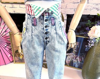 Acid Wash Fold over Waist Jeans: Striped Cotton