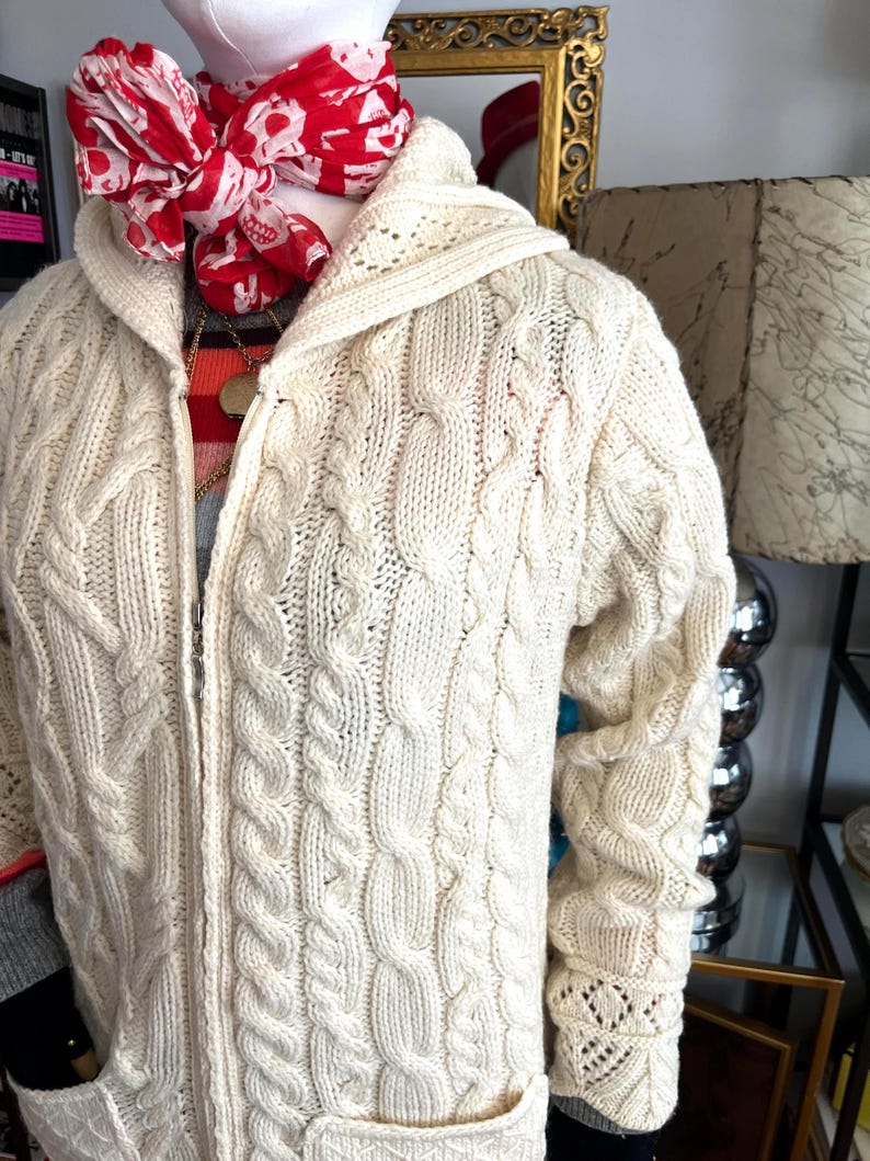 Vintage Hooded Aran Cable Knit Cardigan: Irish Sweater with Pockets image 4