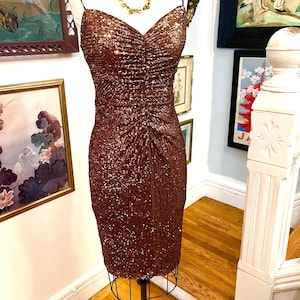 Vintage sequin dress, ruched front sequins, brown glitter dress, bronze sequins, sequin disco dress, 90s sequin dress, fab208nyc, sexy dress