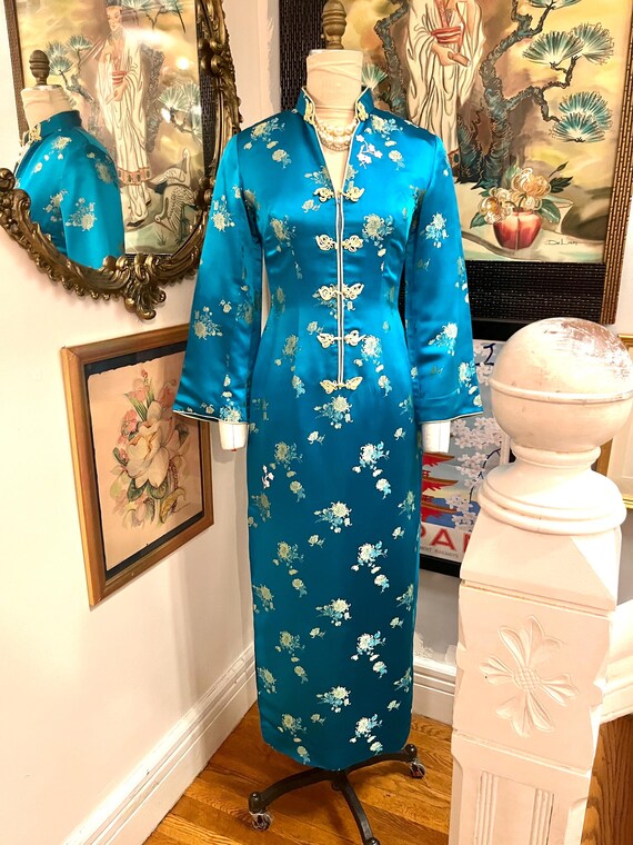 50's Asian Gown, Vintage Turquoise Satin Maxi Dress, Asian