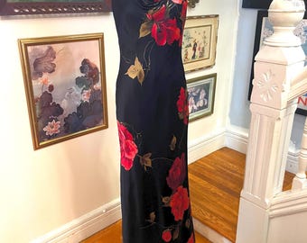 Vintage David Meister Silk Halter Slip Dress: Cowl Neck, Red Floral Detail
