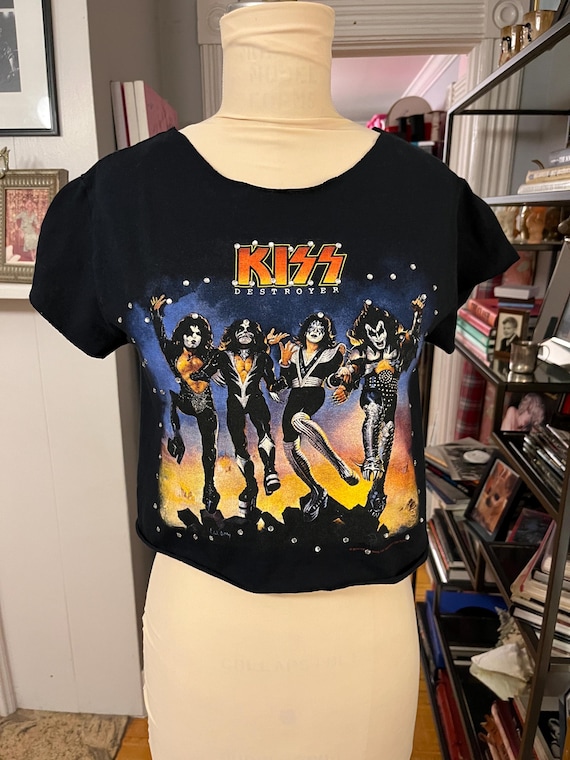 ヴィンテージ ラインストーン キス デストロイヤー クロップ Tシャツ