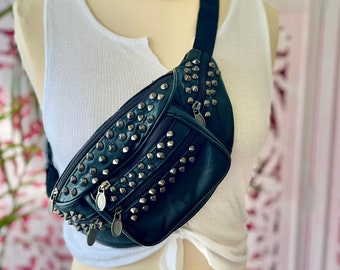 STUDDED FANNY PACK, med black fanny pack, gunmetal studs, dark stud fanny pack, studded crossbody, black sling bag, fab208nyc, studded bag