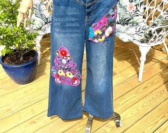 Upcycled Wide Leg Jeans: Embroidered Patch Boho Denim - Etsy Upcycled Wide Leg Jeans: Embroidered Patch Boho Denim - Etsy