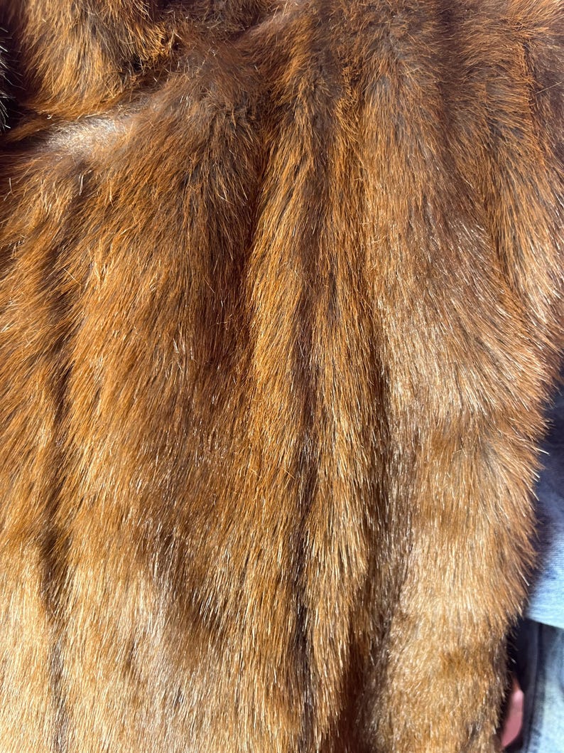 May include: Close-up of a luxurious, textured fur in shades of brown and gold. The fur appears soft and dense, with individual strands visible. The overall effect is rich and warm, suggesting a high-end garment or accessory.