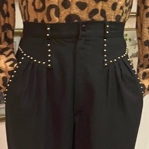 Vintage 80s Black High Waist Pants: Gold Stud Detail