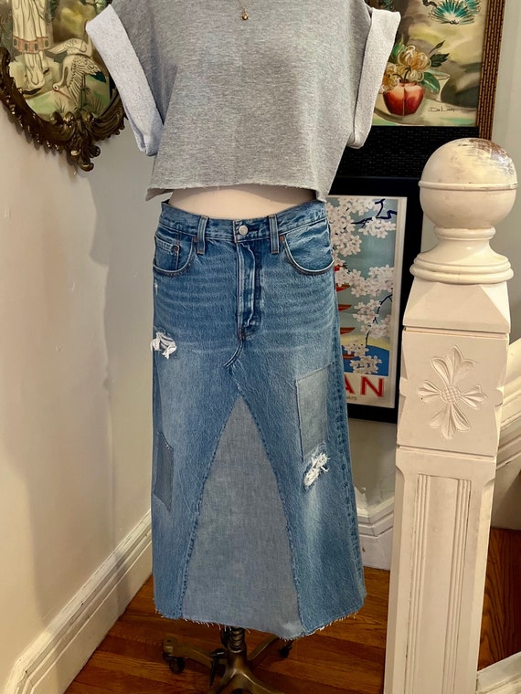 UPCYCLED LEVI SKIRT, denim maxi skirt, patched den