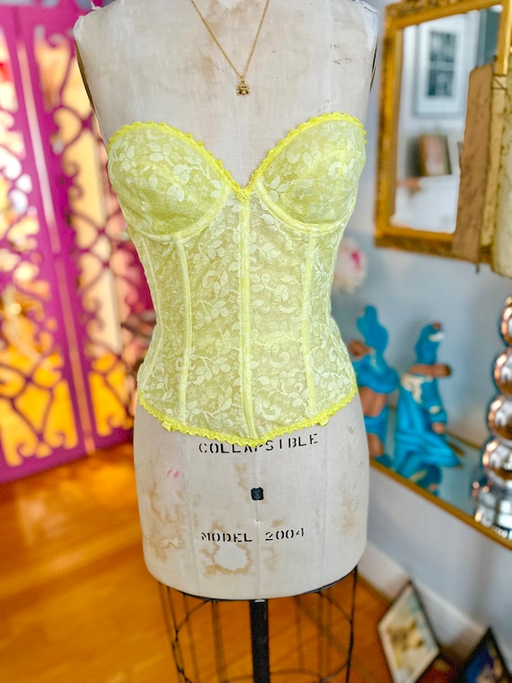 VINTAGE DYED BUSTIER/36B/yellow lace bustier/hand 