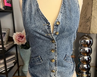 Vintage Cherokee Acid Wash Denim Vest: 90s Tie Back