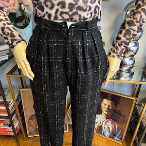 80s High Waist Pleated Pants: Ladies Black and Multicolor Lined Trouser