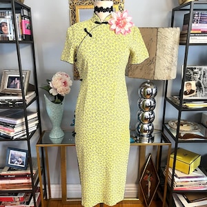 Upcycled vintage dress, hand dyed cheongsam, yellow silk dress, silk asian dress, classic asian dress, yellow navy silk dress, fab208nyc