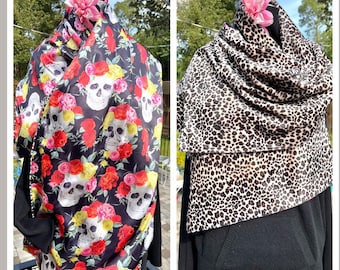REVERSIBLE SKULL SCARF/leopard faux fur scarf/reversible skull print/satin skull scarf/skulls and flowers/fab208nyc/fab208/leopard and skull