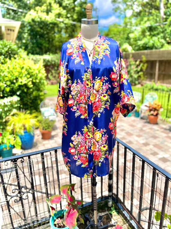 VINTAGE SATIN Robe navy Floral Robe satin Robe vintage Satin Kimono Robe fab208nyc fab208 short Satin Robe short Floral Robe nave Blue Robe Etsy