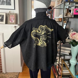 Black Sheer Kimono Jacket: Gold Dragon Print, Classic Cut