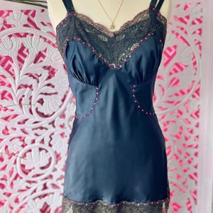 Vintage slip dress, black lace slip tunic, 40s slip dress, rhinestone slip dress, black slip tunic, upcycled vintage lingerie, fab208nyc
