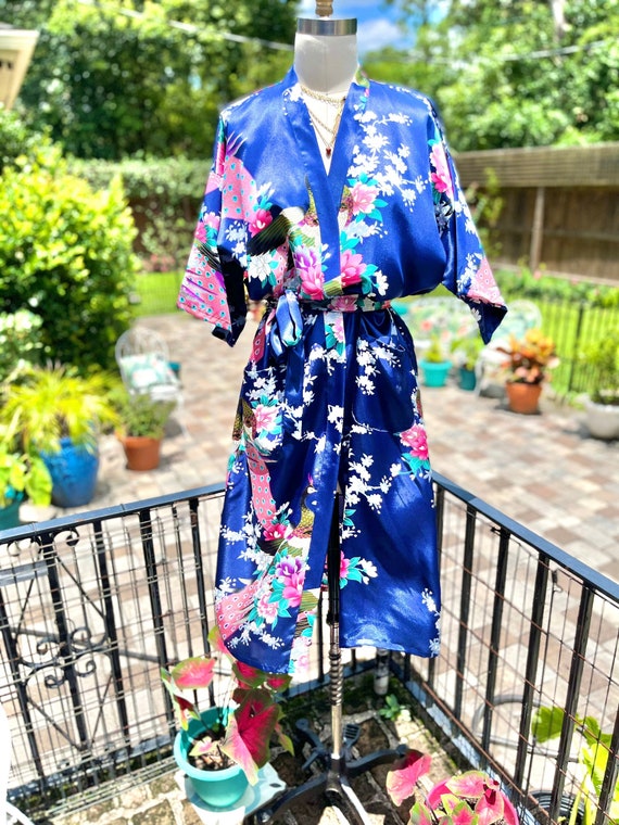 VINTAGE SATIN ROBE/peacock print satin robe/navy p