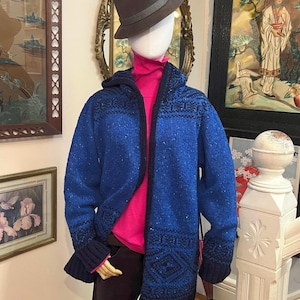 Hooded Irish Wool Cardigan: Blue Black Cable Knit Sweater, XL