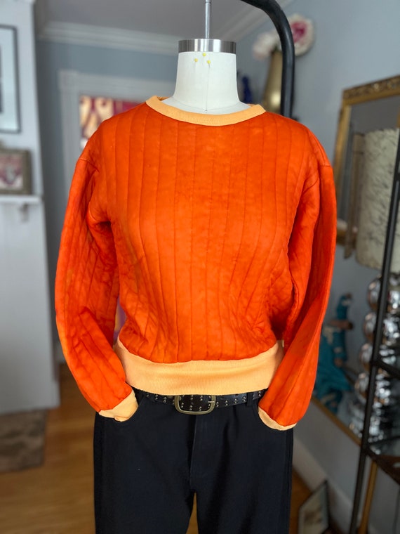 ORANGE QUILTED TOP/vintage thermal top/hand dyed v