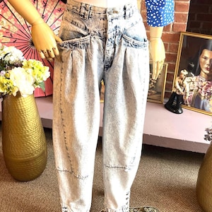 80s Nuovo Acid Wash Jeans: High Waist Tapered Leg, Snap Ankle