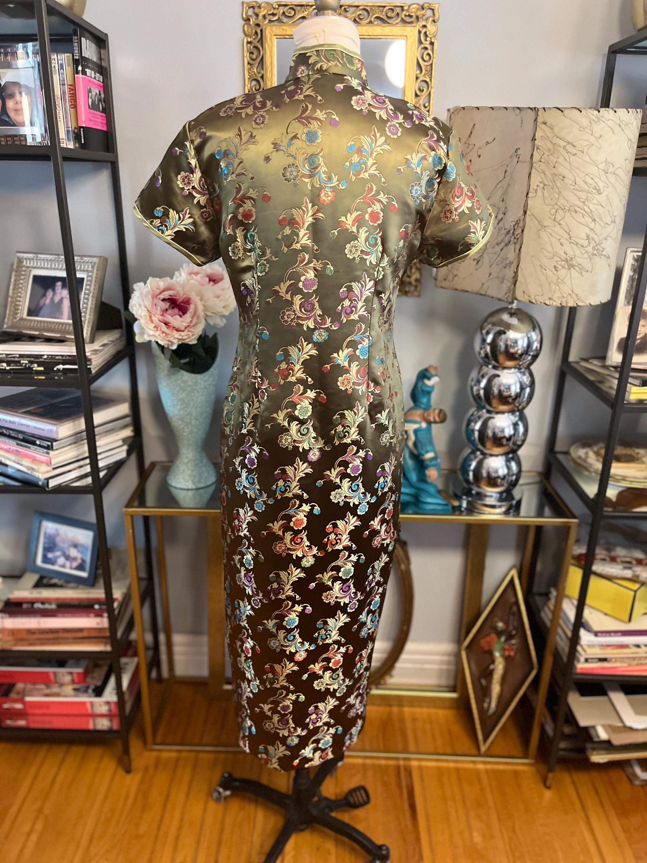 Vintage Floral Embroidered Satin Cheongsam Dress - Size L - Etsy