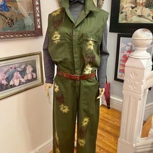 Skull print coveralls, 44&#39; upcycled army coverall, green army coverall, mystical eye print, skull coverall, fab208nyc, vintage army coverall