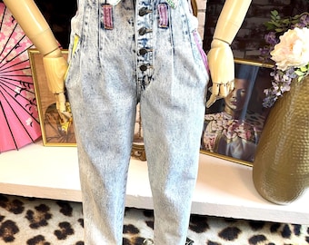 Acid Wash Fold over Waist Jeans: Striped Cotton