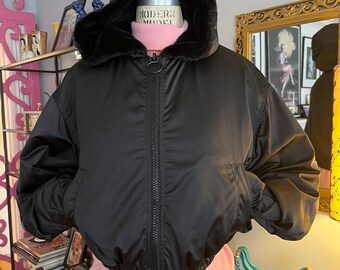 Reversible Fake Fur and Satin Bomber Jacket, Black Fake Fur Reversible Fake Fur and Satin Bomber Jacket, Black Fake Fur