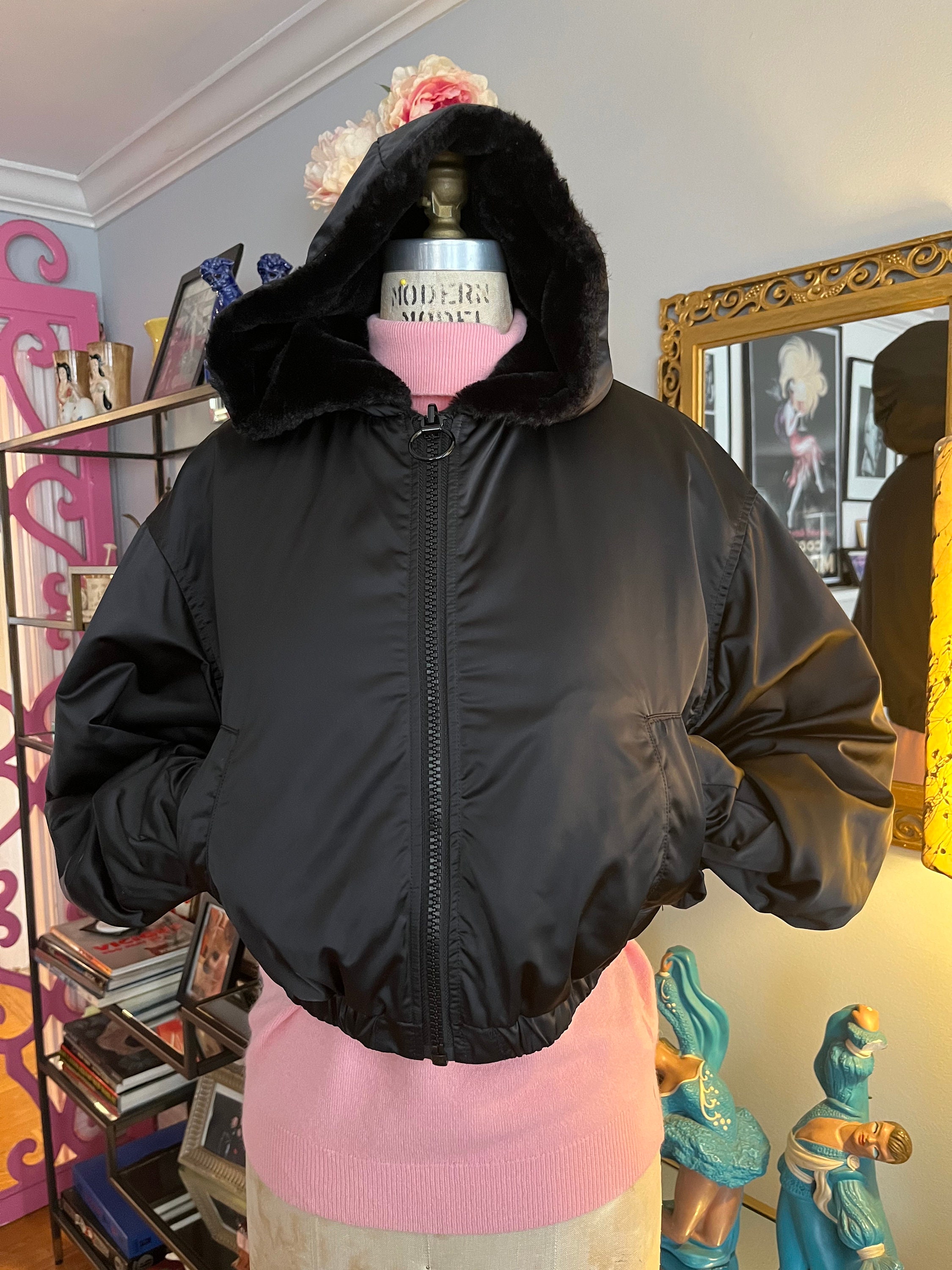 Reversible Fake Fur and Satin Bomber Jacket, Black Fake Fur Reversible Fake Fur and Satin Bomber Jacket, Black Fake Fur