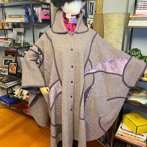 Vintage wool herringbone cape with velvet panels: brown and purple XL wool