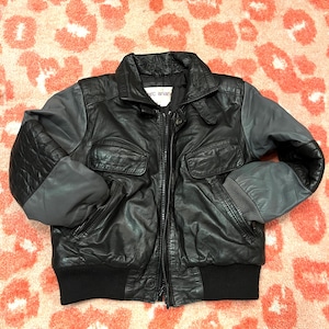 Vtg Shebang USA Kids Leather Jacket Blue Black Sz L 7