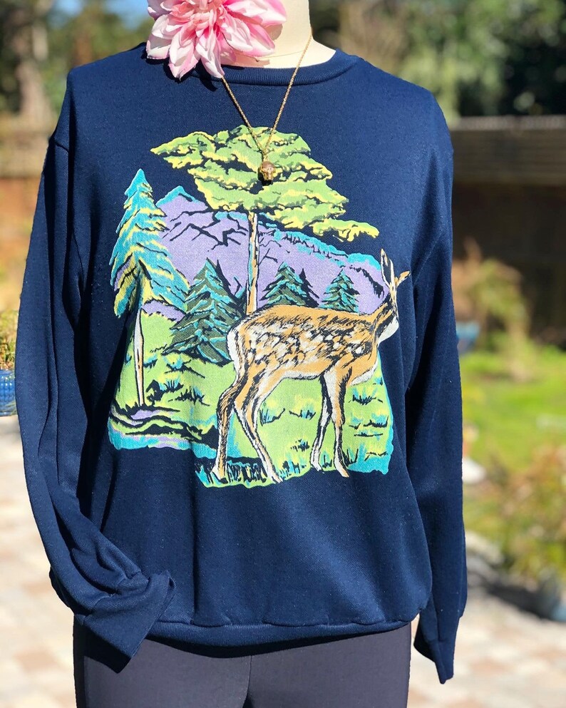 VINTAGE SWEATSHIRT80s sweaterbambi sweatshirtvintage sweatshirtblue sweatshirtboho sweatshirtdeer and mountains printfab208nycfab208