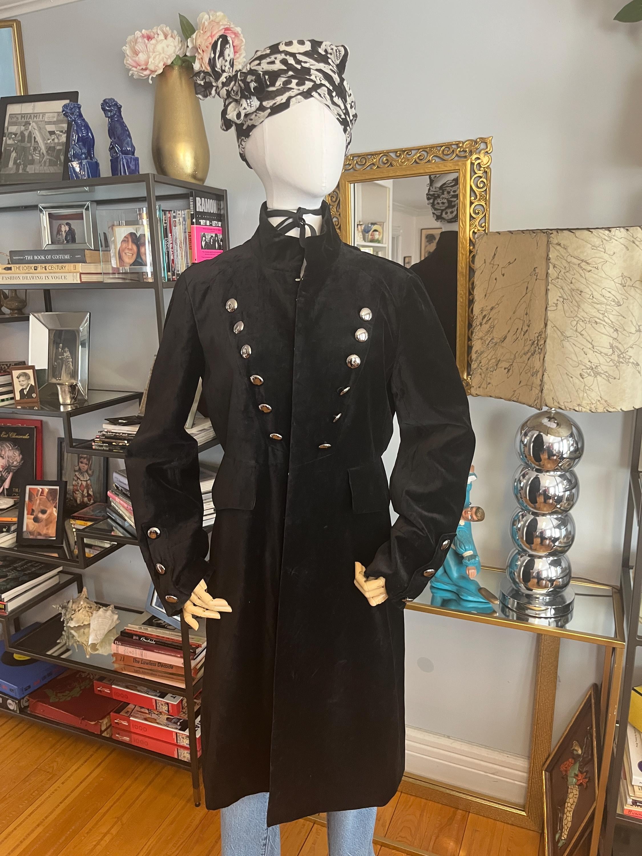 ジャケット・アウター vintage black power shoulder long coat Velvet Military Coat, Vintage Velvet Coat, Silver Button