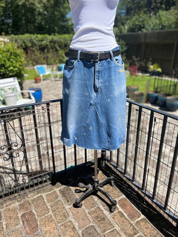 RECYCLED DENIM SKIRT/xl denim skirt/paint stained 