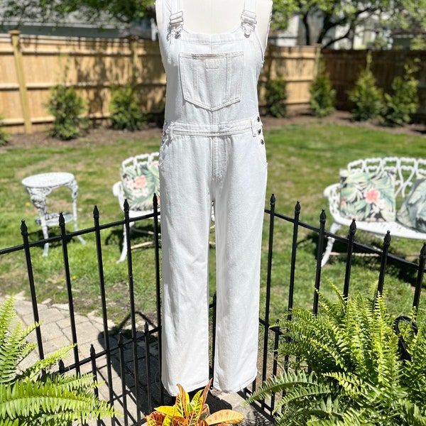 VINTAGE WHITE OVERALLS, ladies overalls, white denim overalls, white overall, vintage overall, vintage white denim, fab208nyc, denim overall