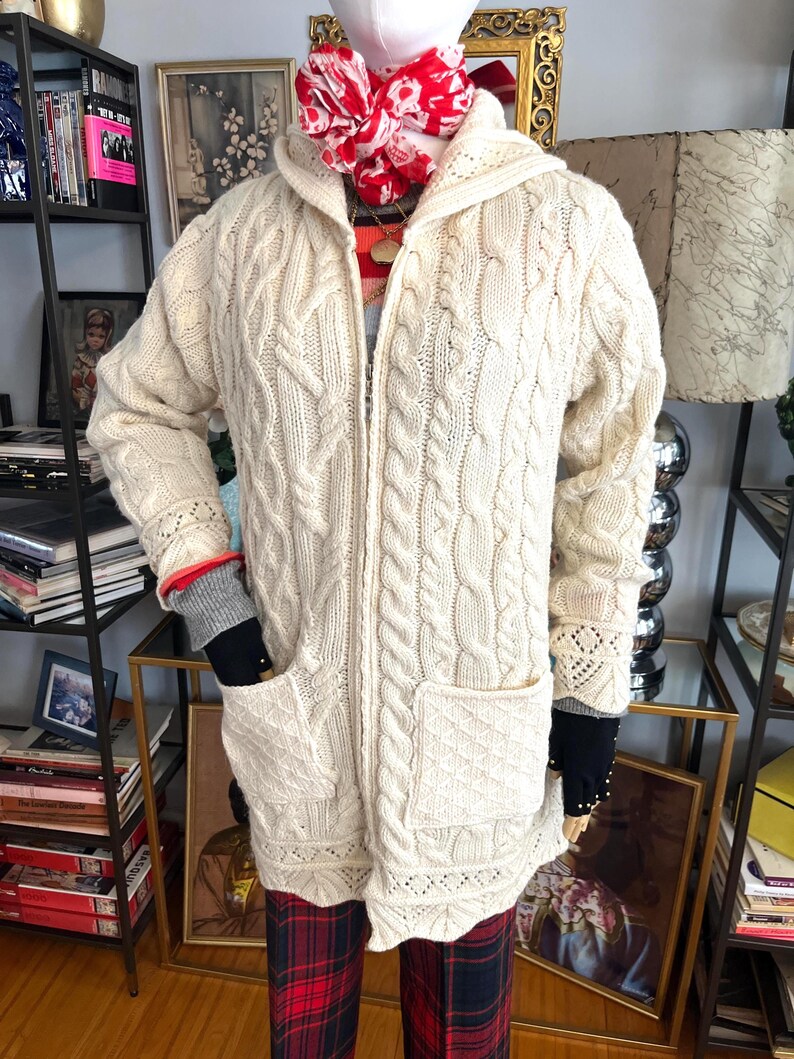 Vintage Hooded Aran Cable Knit Cardigan: Irish Sweater with Pockets image 3