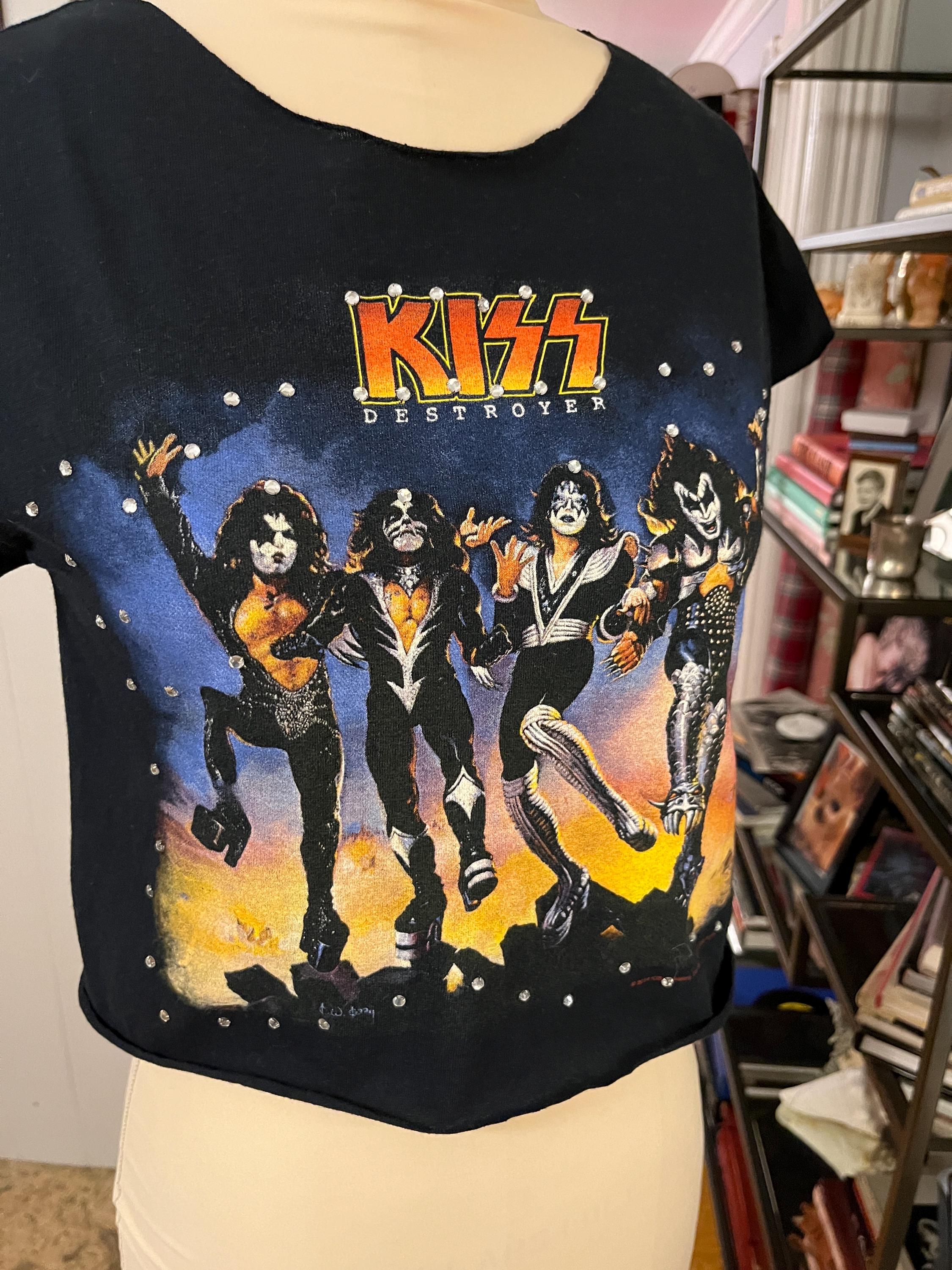 ヴィンテージ ラインストーン キス デストロイヤー クロップ Tシャツ
