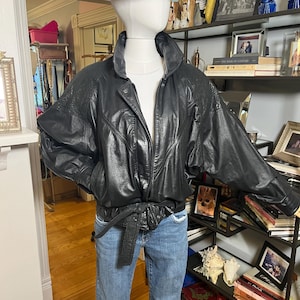 Vintage 80s Batwing Leather Bomber Jacket: Unisex Black Textured