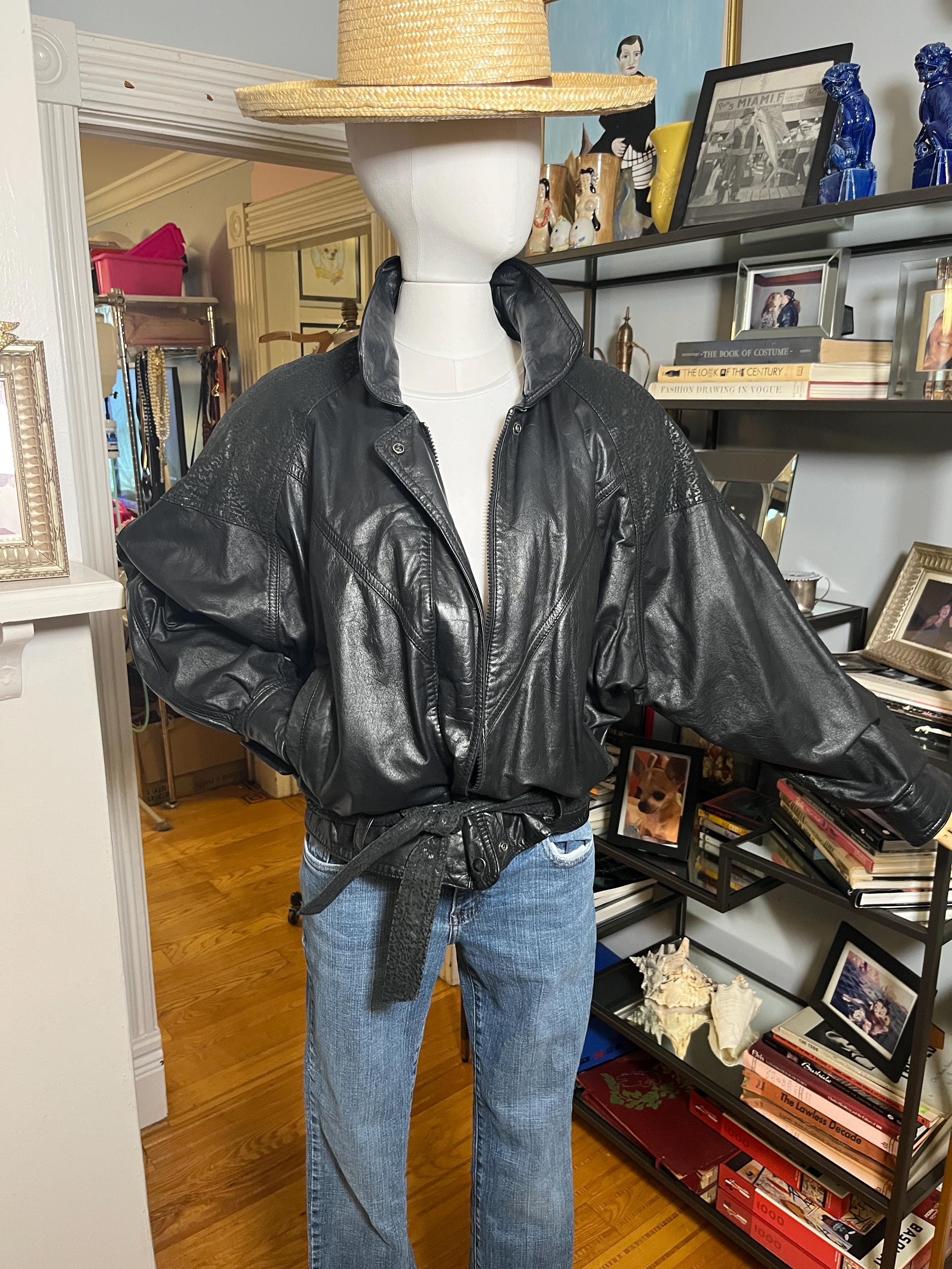 Vintage 80s Batwing Leather Bomber Jacket: Unisex Black