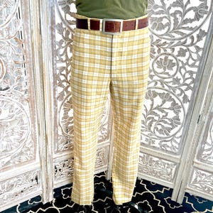 Vintage 70s Yellow Plaid Golf Pants - High Waist Slacks