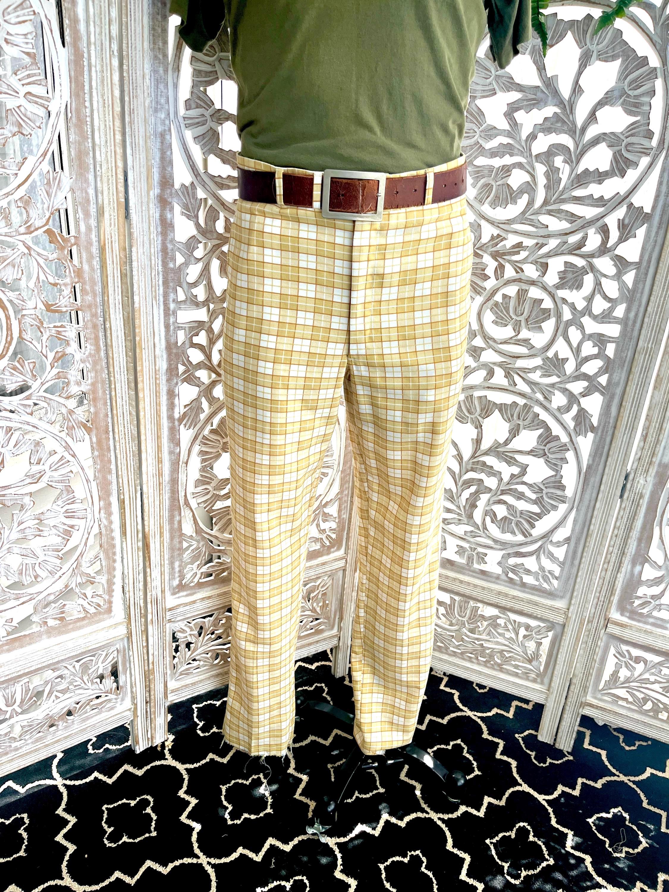 Vintage 70s Yellow Plaid Golf Pants High Waist Slacks