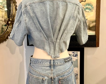 Veste en denim recyclé, veste en jean coupe corset, veste en jean courte, veste en jean vintage, veste en jean à manches courtes, fab208nyc