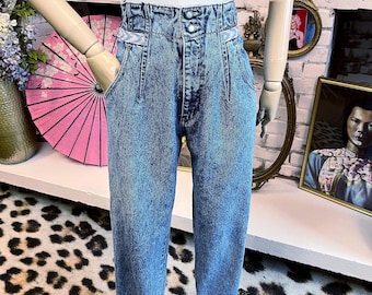 Stonewash 80s High Waist Jeans: Braided Trim