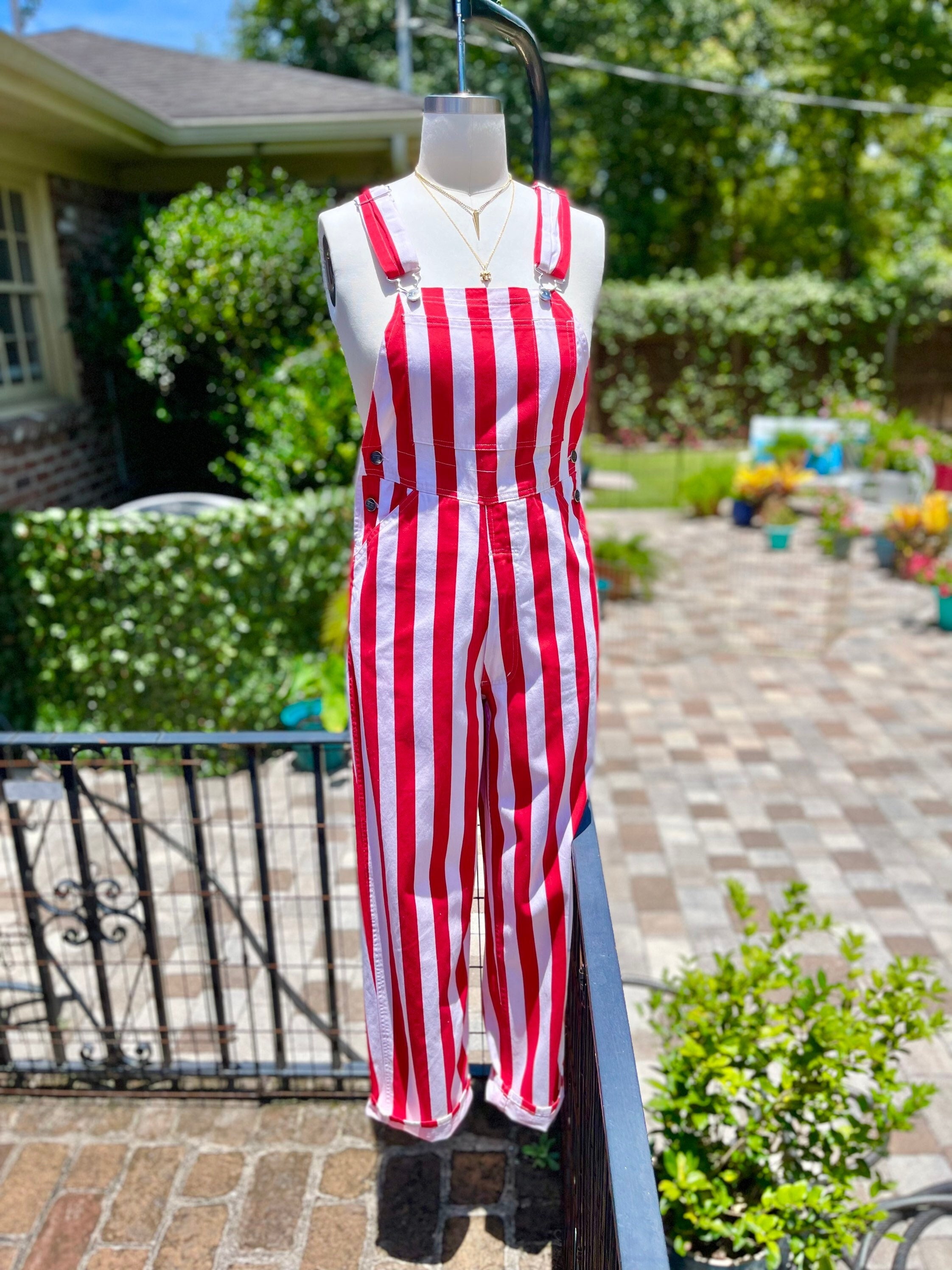Red and white striped overalls sales