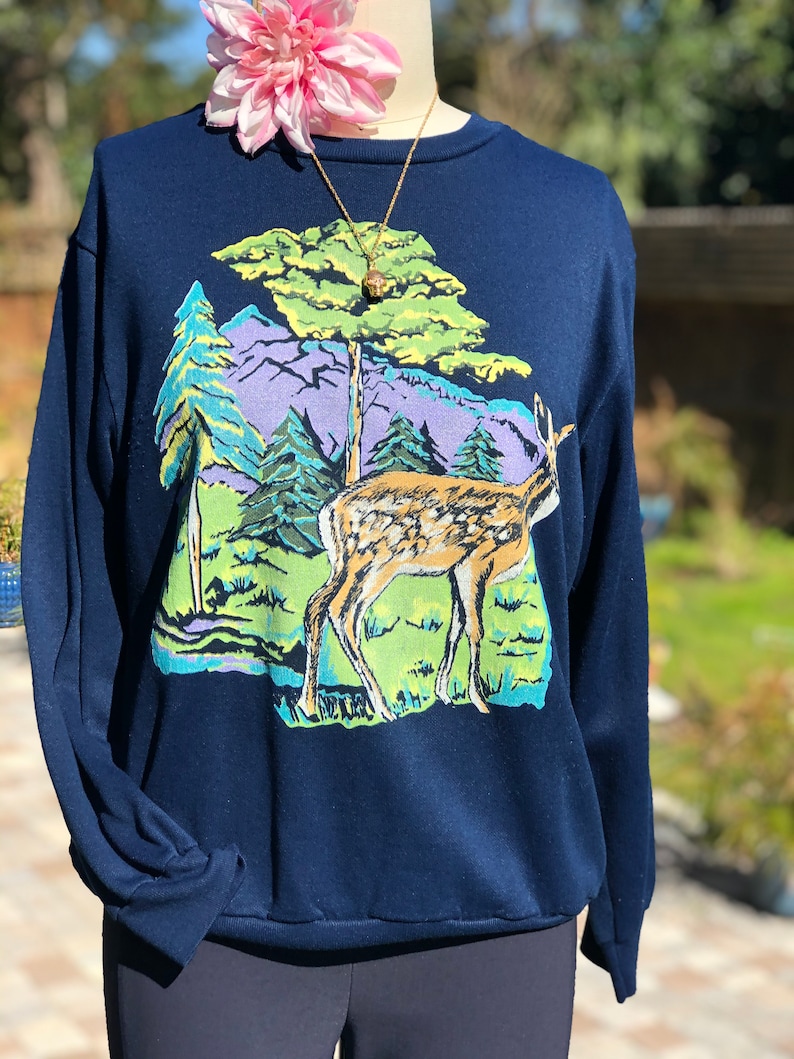 VINTAGE SWEATSHIRT80s sweaterbambi sweatshirtvintage sweatshirtblue sweatshirtboho sweatshirtdeer and mountains printfab208nycfab208