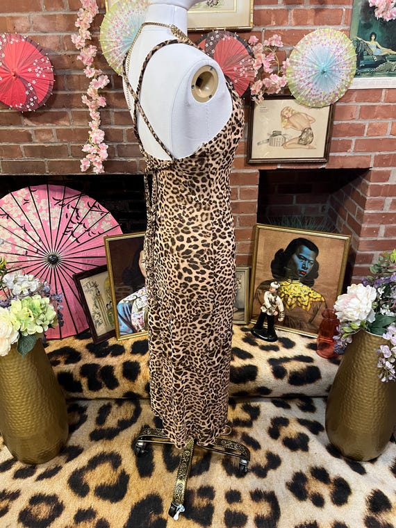 Leopard Print Maxi Dress: Mesh Layer, Low Cross Back Leopard Print Maxi Dress: Mesh Layer, Low Cross Back