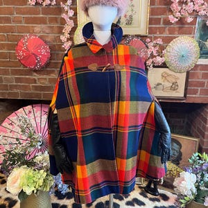 70s Wool Plaid Cape: Reversible Orange Corduroy