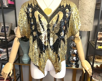 80s Gold Sequin Butterfly Top: Vintage Disco Shirt
